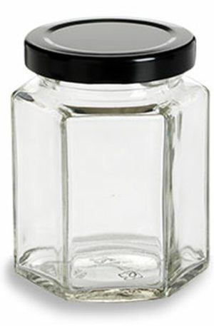 6oz (180ml) Hexagon Glass Jar w/Black Lid - each