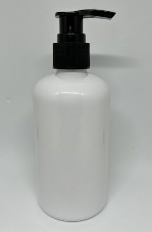 8oz White PET Boston Round Plastic Bottle w/Black Pump